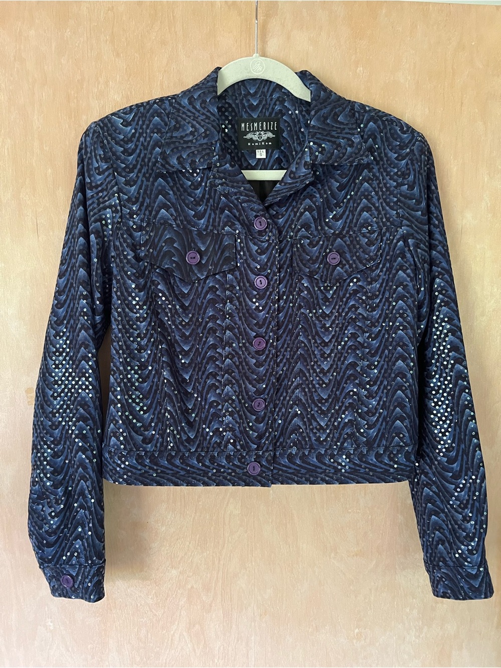 Navy Patterned Button-Front Sparkly Women's Cropped Jacket